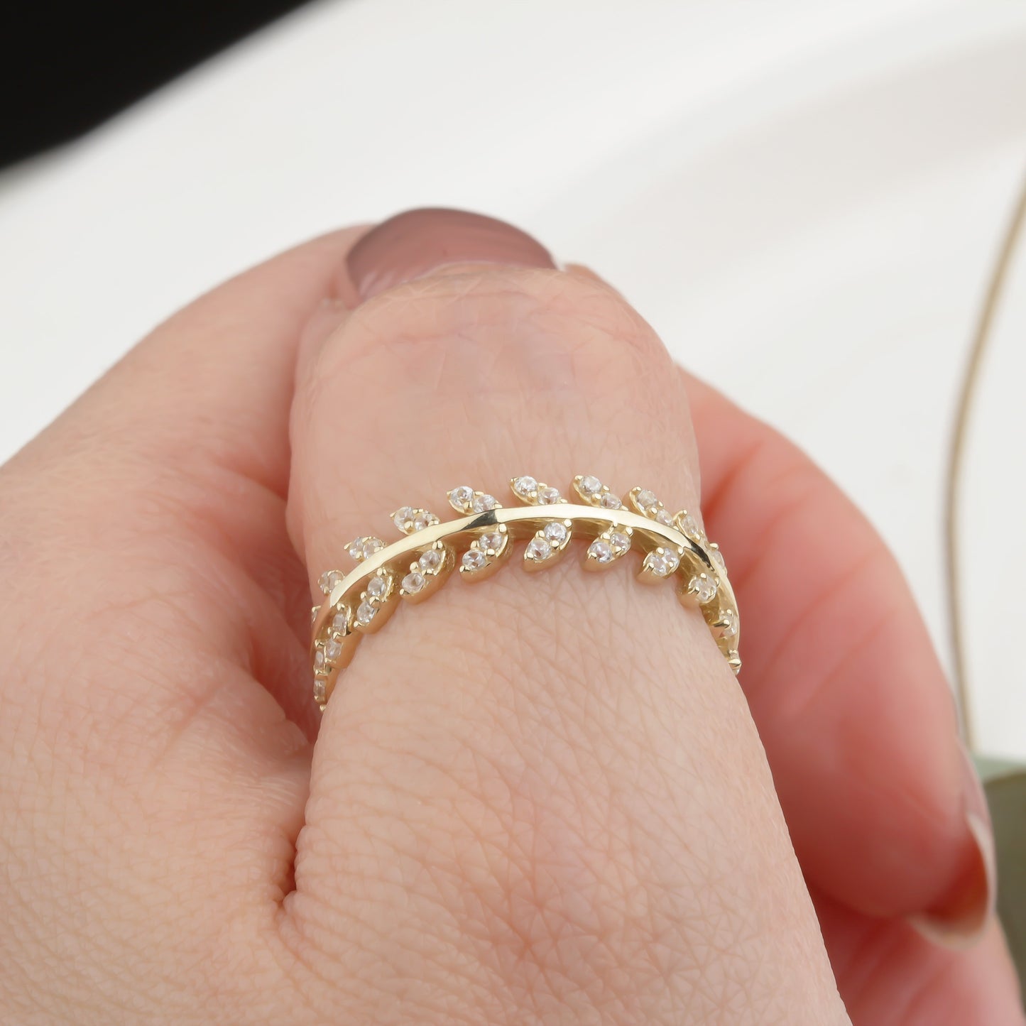 14k Solid Gold Stone-Set Leaf Ring - alternate view 3