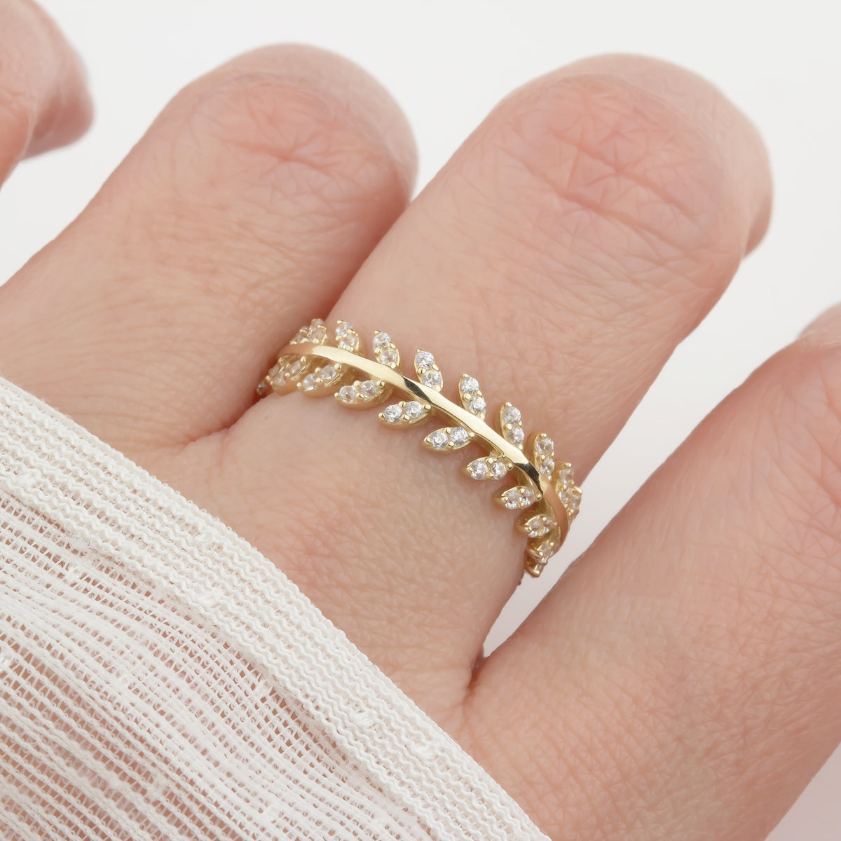 14k Solid Gold Stone-Set Leaf Ring - alternate view 4