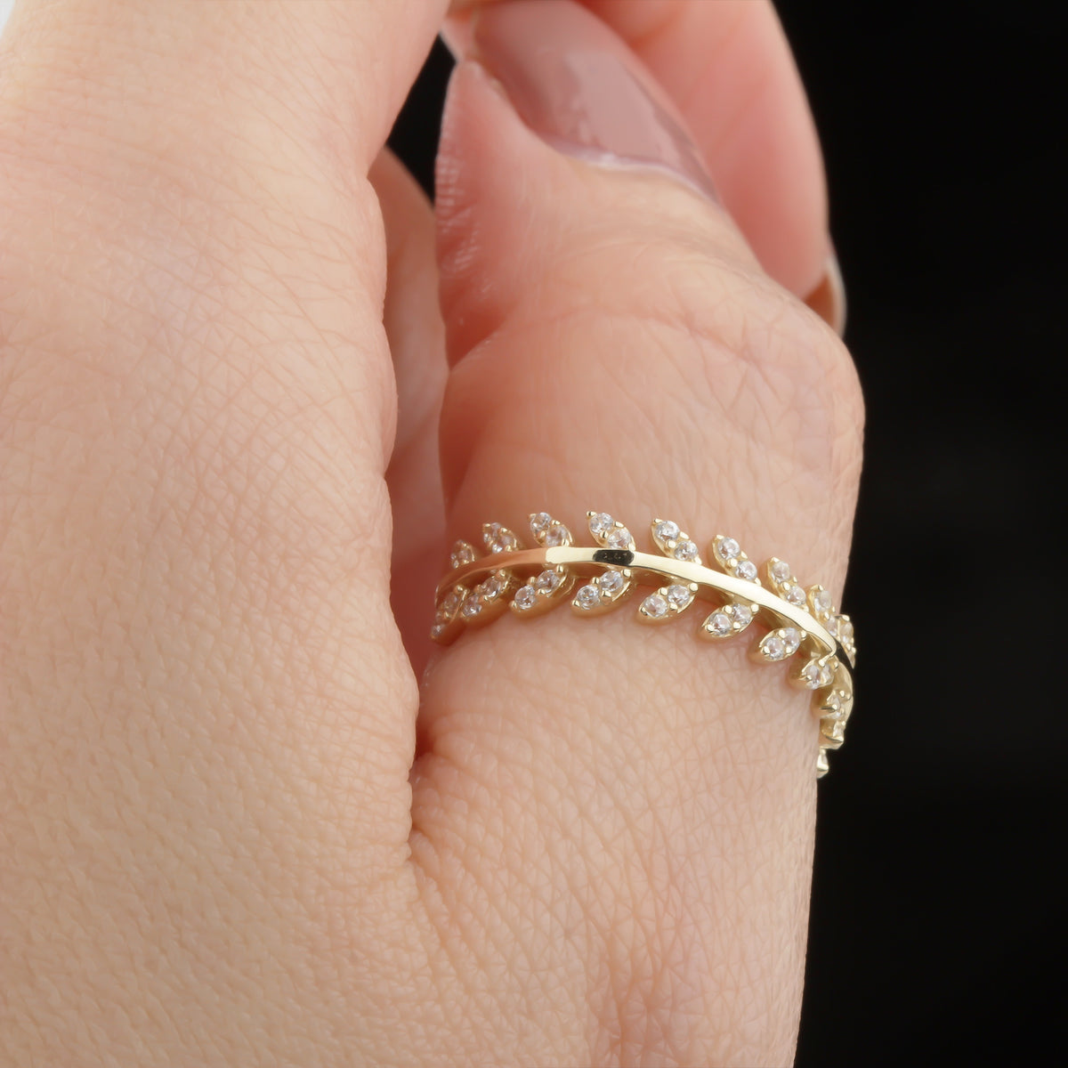 14k Solid Gold Stone-Set Leaf Ring - alternate view 5