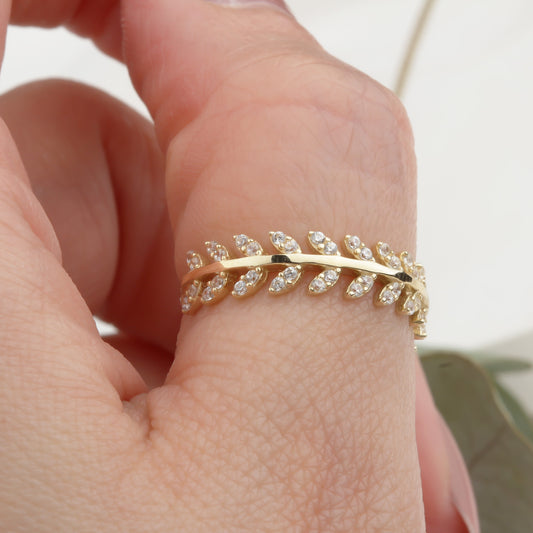 14k Solid Gold Stone-Set Leaf Ring