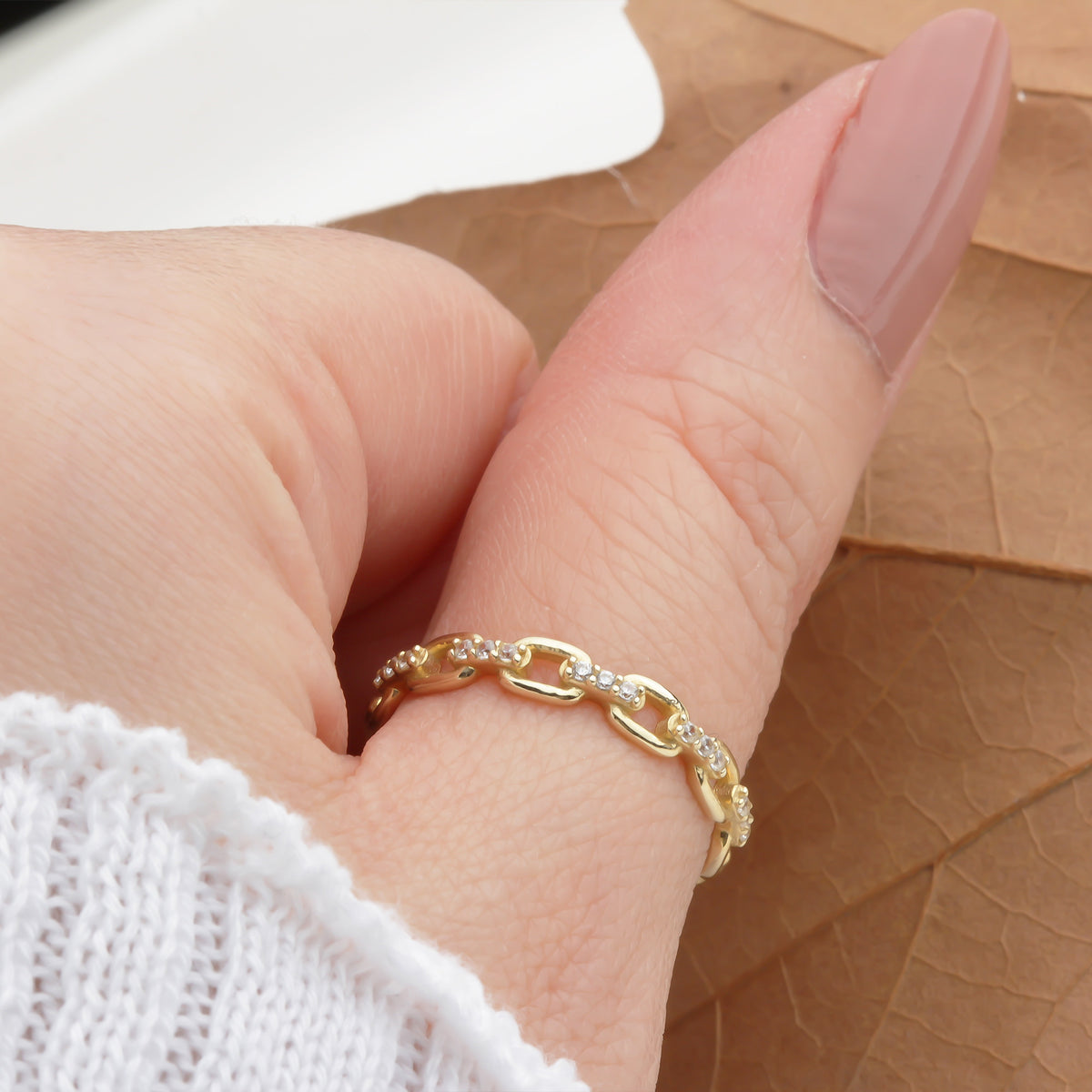 14k Solid Gold Stone-Set Chain Ring - alternate view 3