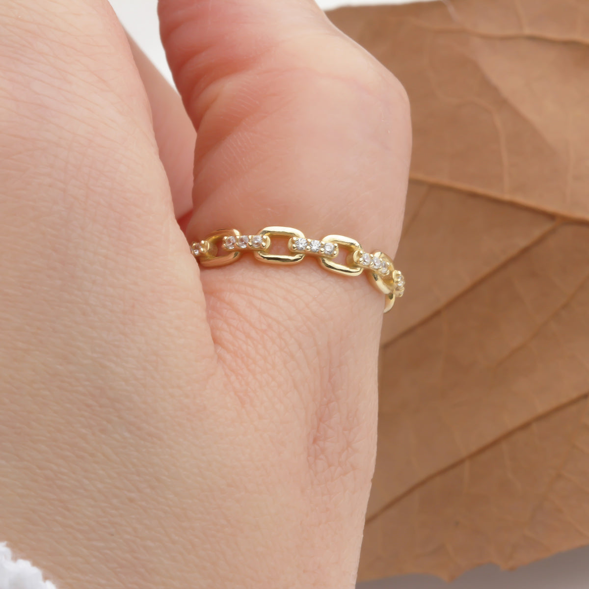 14k Solid Gold Stone-Set Chain Ring - alternate view 4