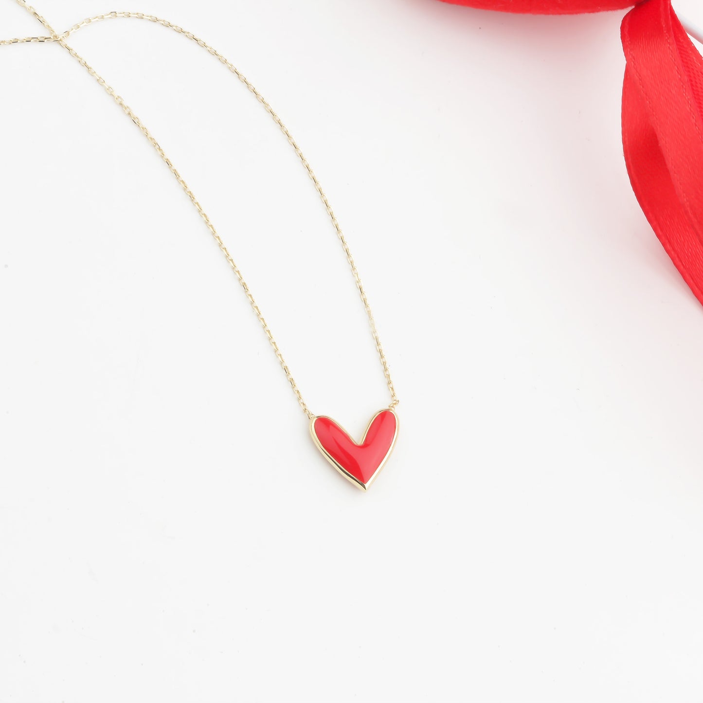 14k Solid Gold Red Enamel Heart Necklace - alternate view 2