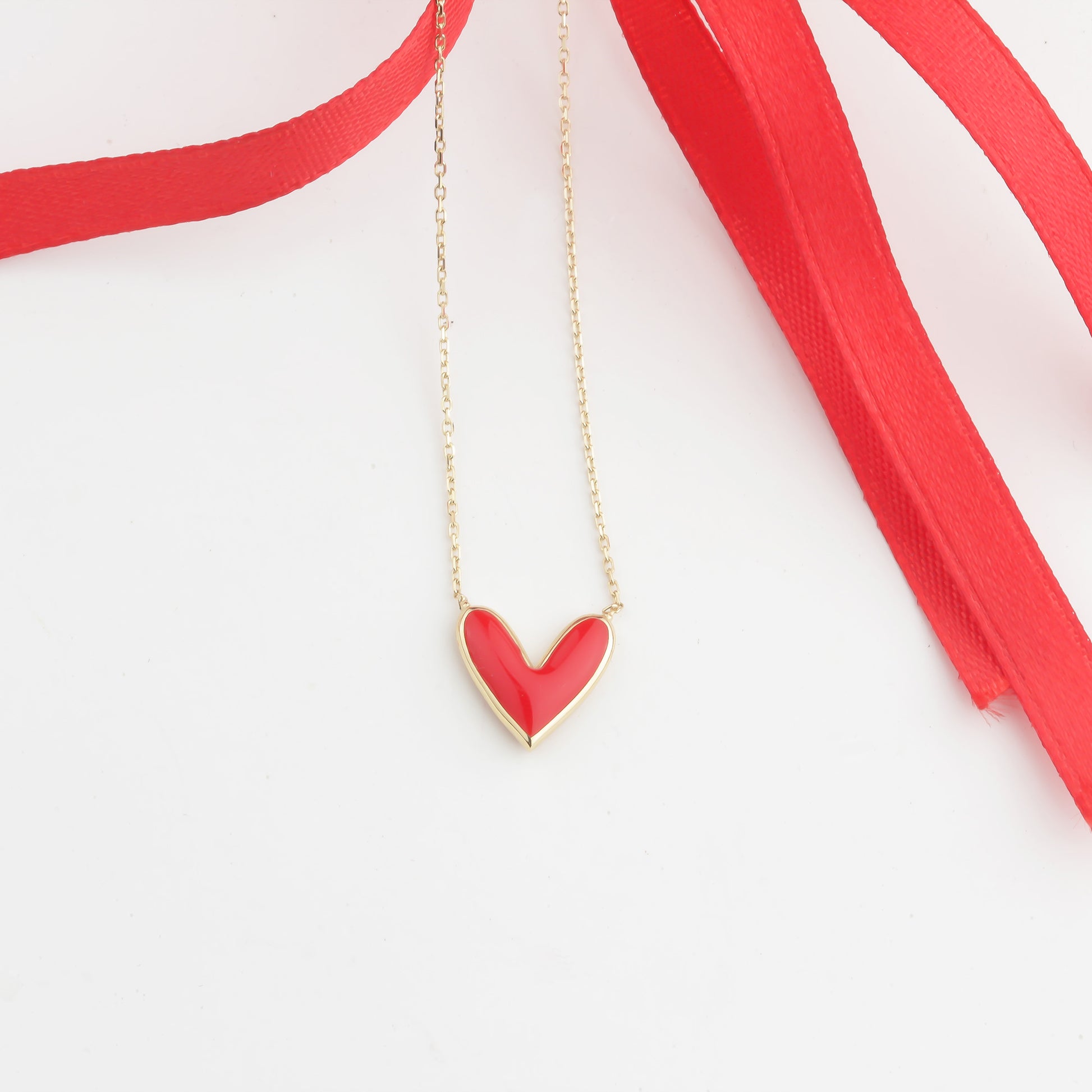 14k Solid Gold Red Enamel Heart Necklace - alternate view 3