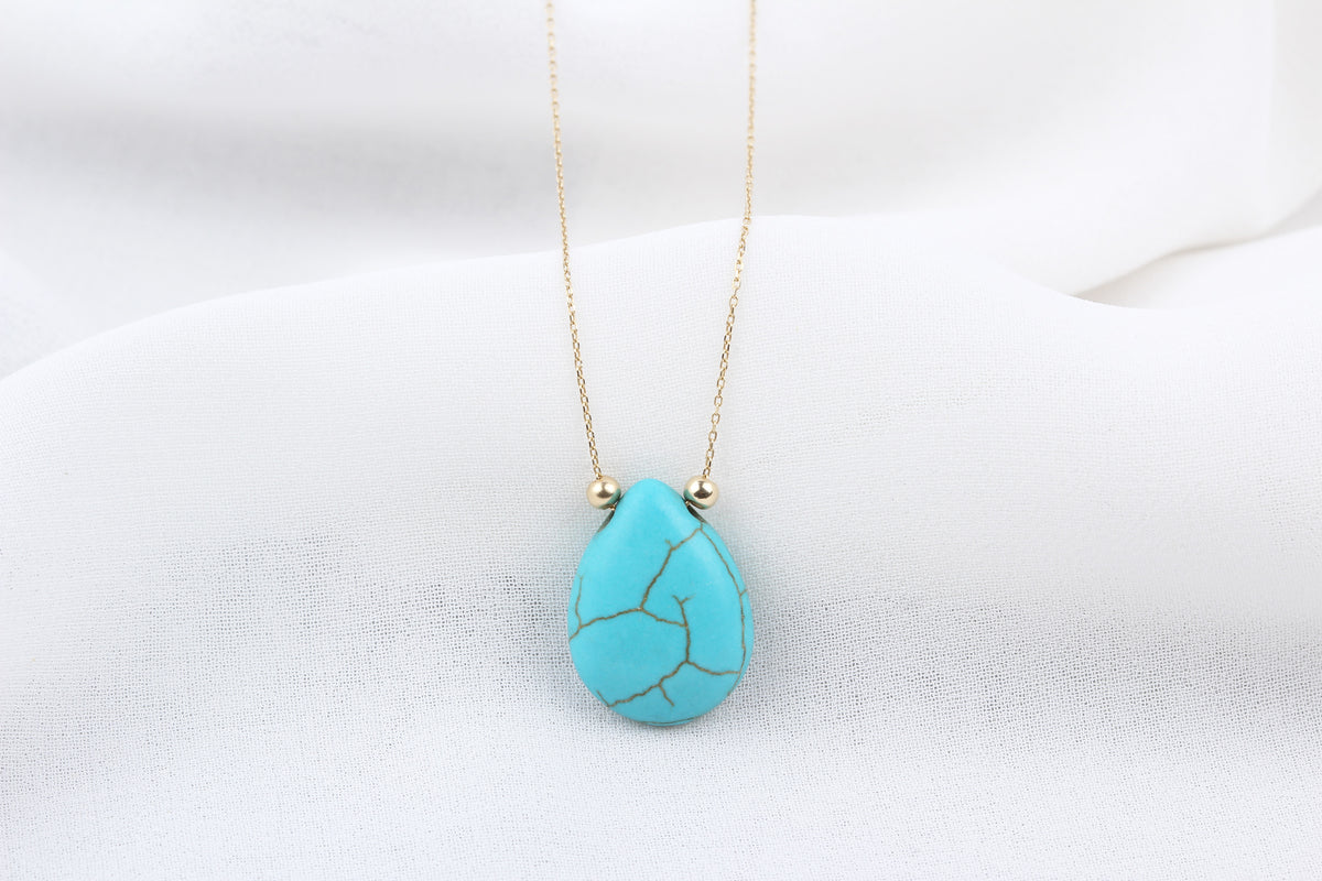 14k Solid Gold Ball Turquoise Drop Necklace - alternate view 2