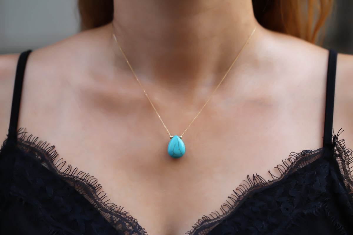 14k Solid Gold Ball Turquoise Drop Necklace - alternate view 3