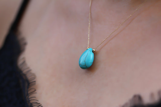 14k Solid Gold Ball Turquoise Drop Necklace