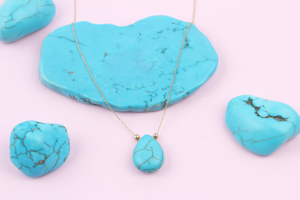 14k Solid Gold Ball Turquoise Drop Necklace - alternate view 4