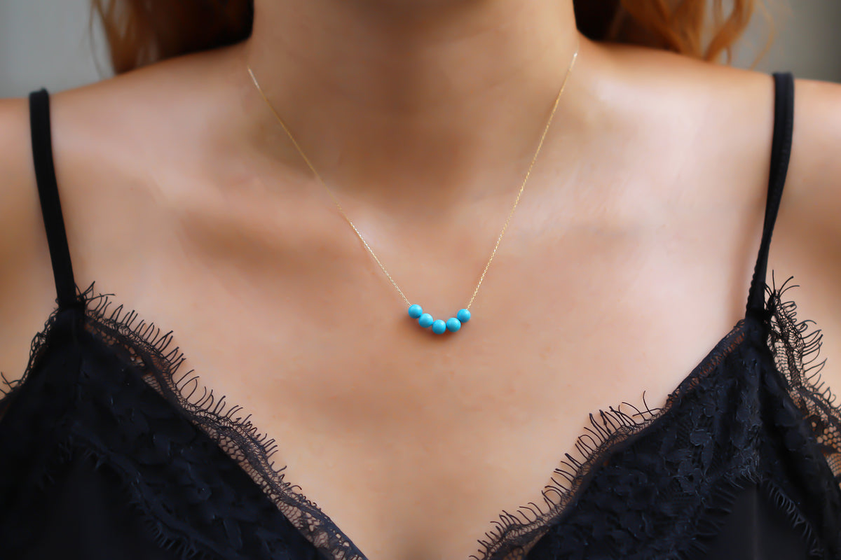 14k Solid Gold Row Turquoise Necklace - alternate view 3