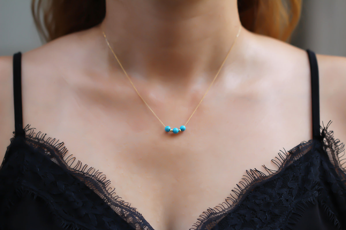 14k Solid Gold Ball Turquoise Necklace - alternate view 3