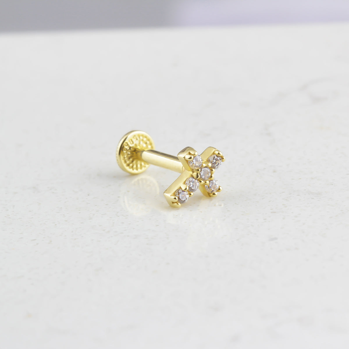 14k Solid Gold Cross Tragus Piercing