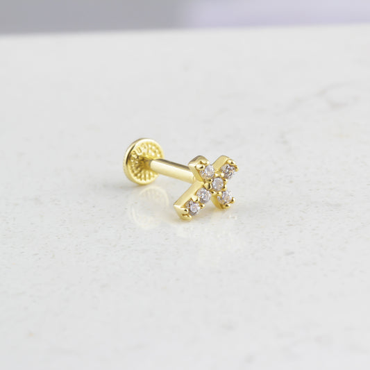 14k Solid Gold Cross Tragus Piercing