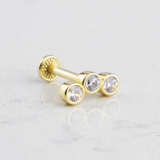 14k Solid Gold Three Stone Tragus Piercing