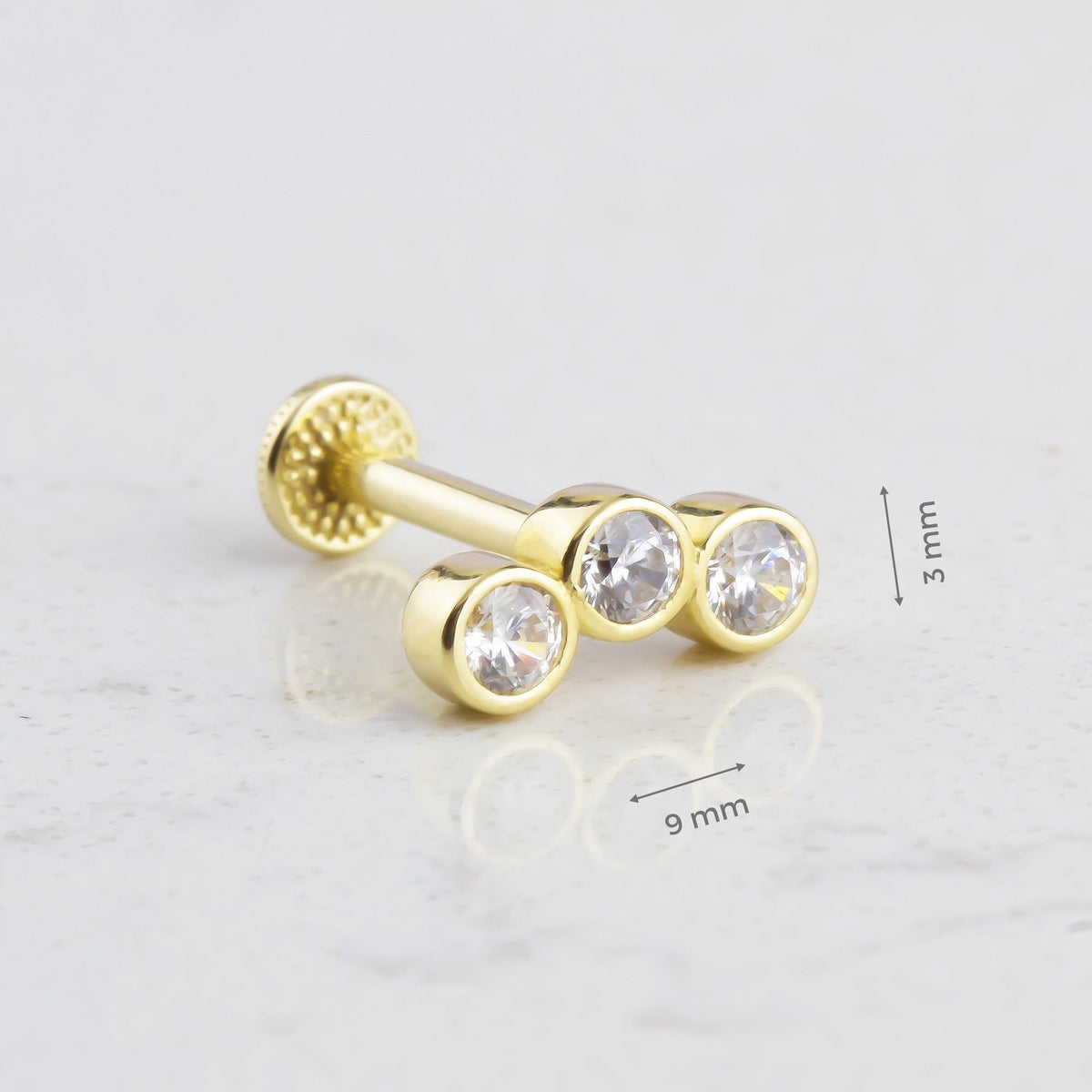 14k Solid Gold Three Stone Tragus Piercing - alternate view 3