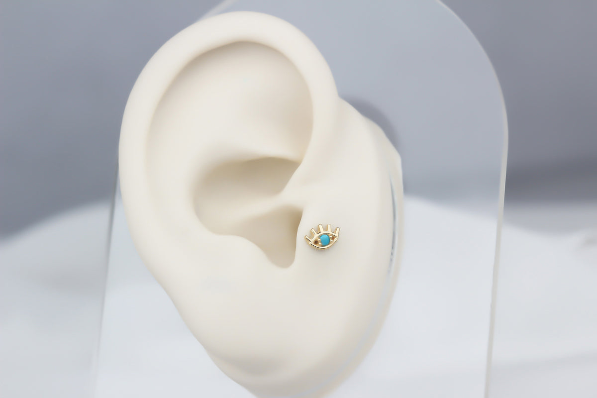 14k Solid Gold Turquoise Eye Tragus Piercing - alternate view 5