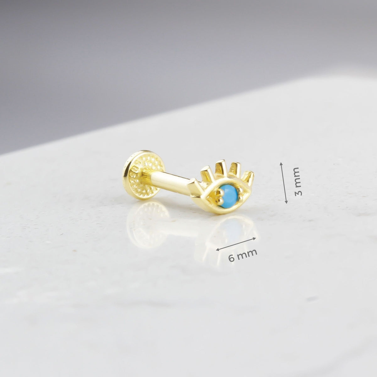 14k Solid Gold Turquoise Eye Tragus Piercing - alternate view 3