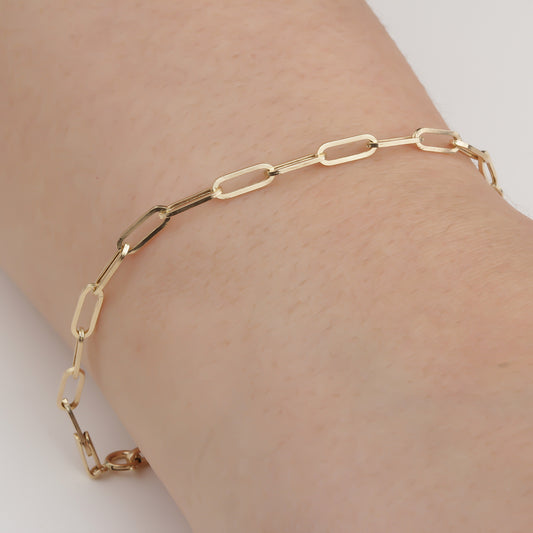 14k Solid Gold 3 mm Paper Clip Chain Bracelet
