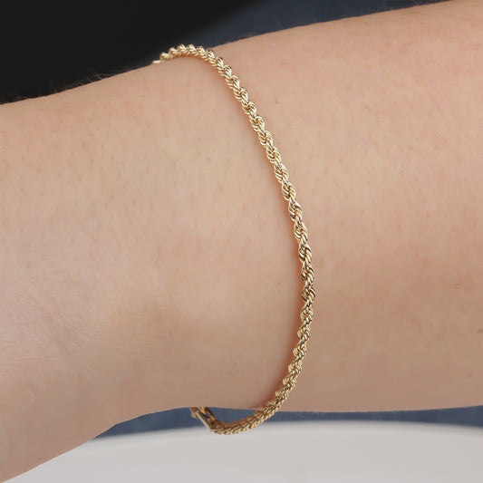 14k Solid Gold 2 mm Rope Chain Bracelet - alternate view 2