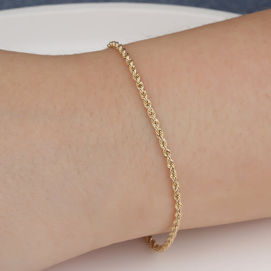 14k Solid Gold 2 mm Rope Chain Bracelet