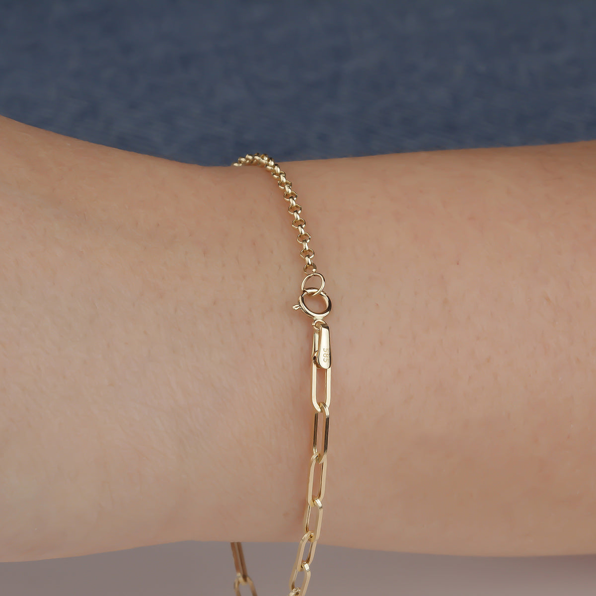 14k Solid Gold 3 mm Paper Clip - Rolo Chain Mix Bracelet - alternate view 2
