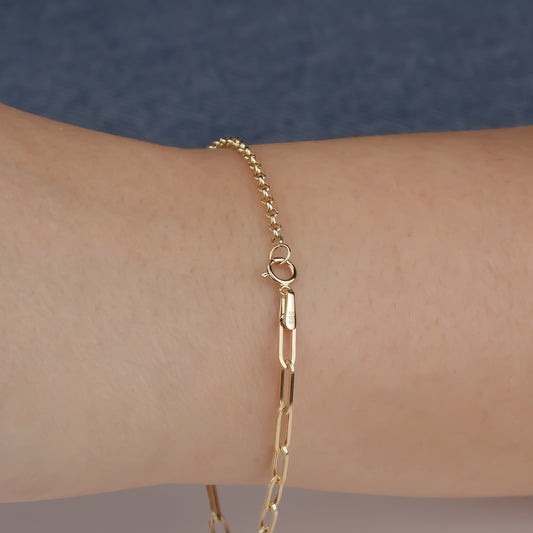 14k Solid Gold 3 mm Paper Clip - Rolo Chain Mix Bracelet - alternate view 2