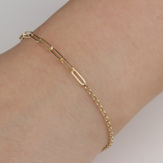 14k Solid Gold 3 mm Paper Clip - Rolo Chain Mix Bracelet