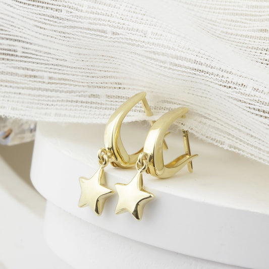 14k Solid Gold Star Drop Earrings