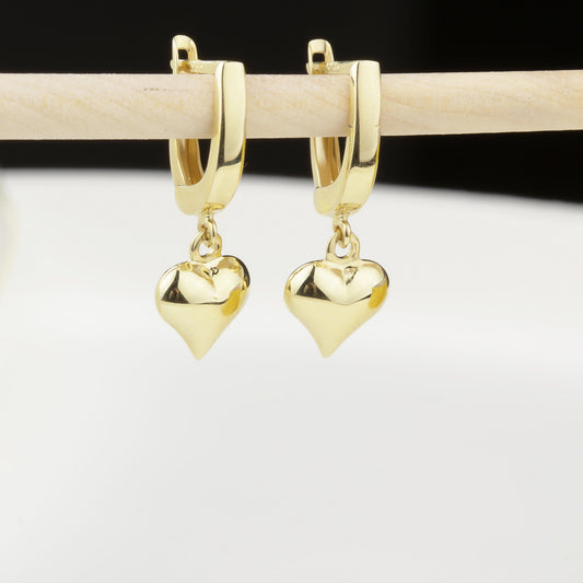 14k Solid Gold Heart Drop Earrings