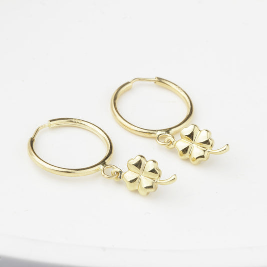 14k Solid Gold Clover Drop Earrings - alternate view 2