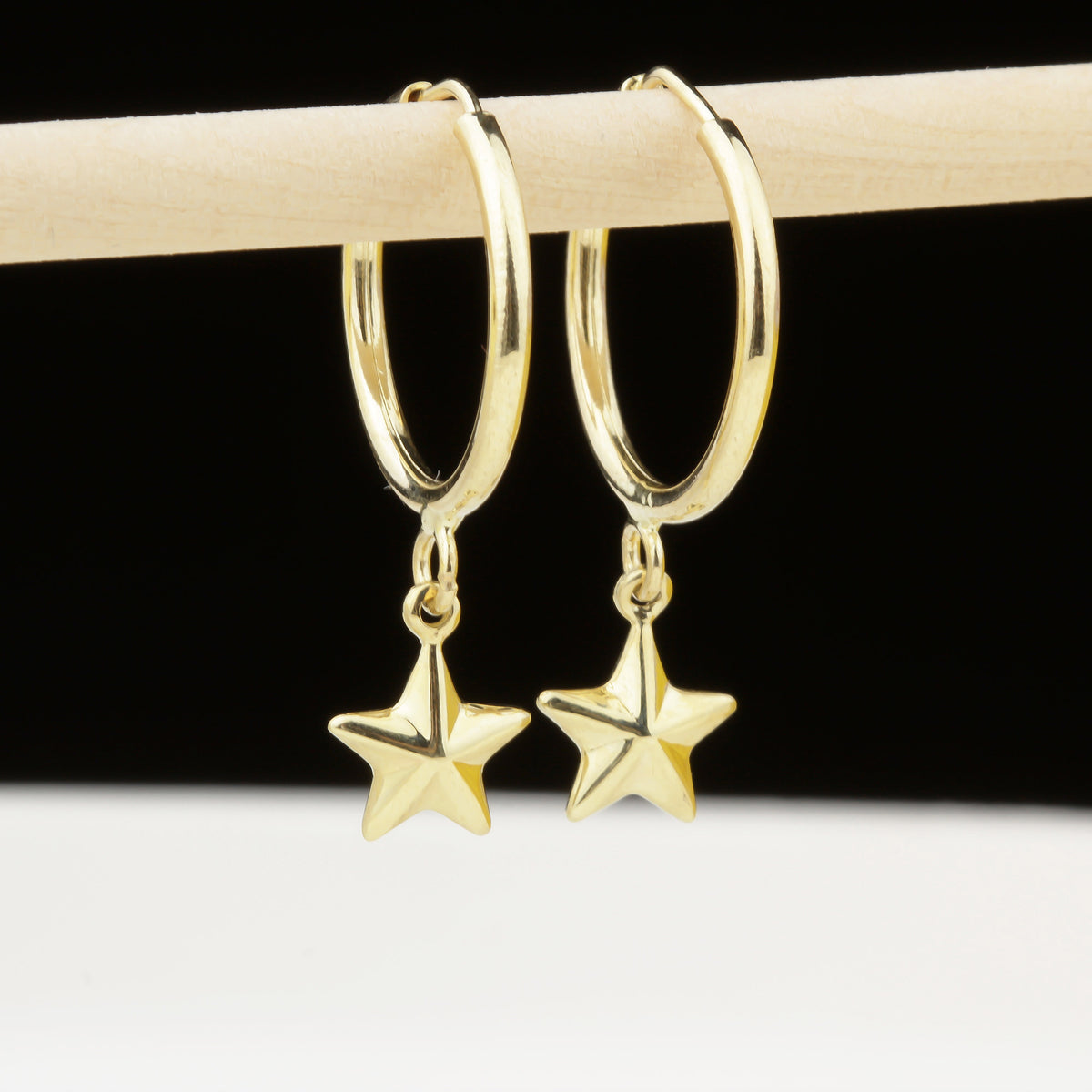 14k Solid Gold Star Drop Earrings