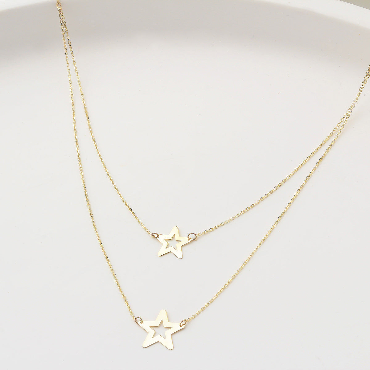 14k Solid Gold Twice Star Necklace - alternate view 2
