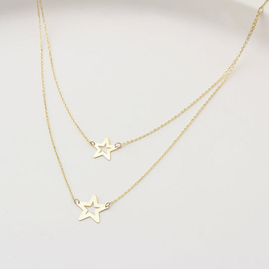 14k Solid Gold Twice Star Necklace