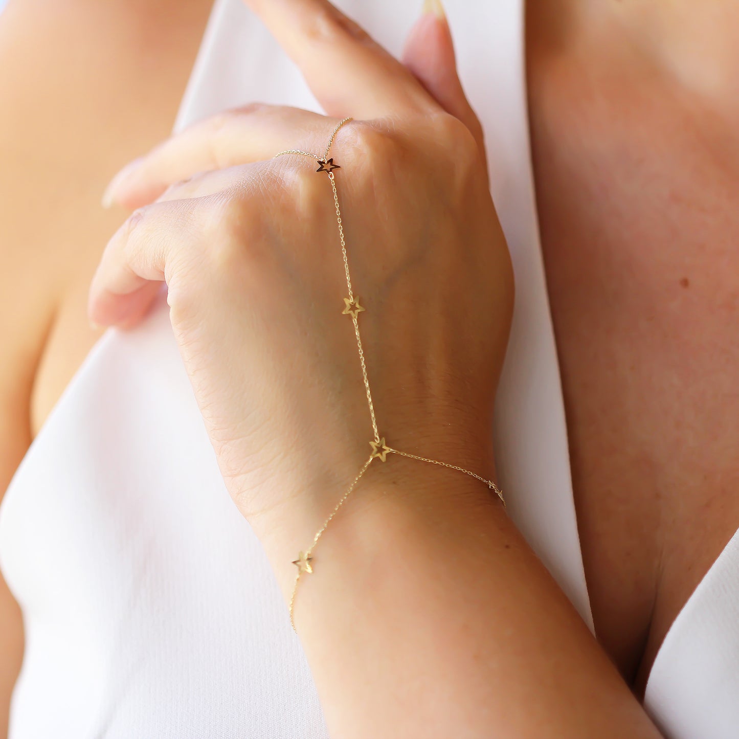 14k Solid Gold Star Hand Chain - alternate view 2