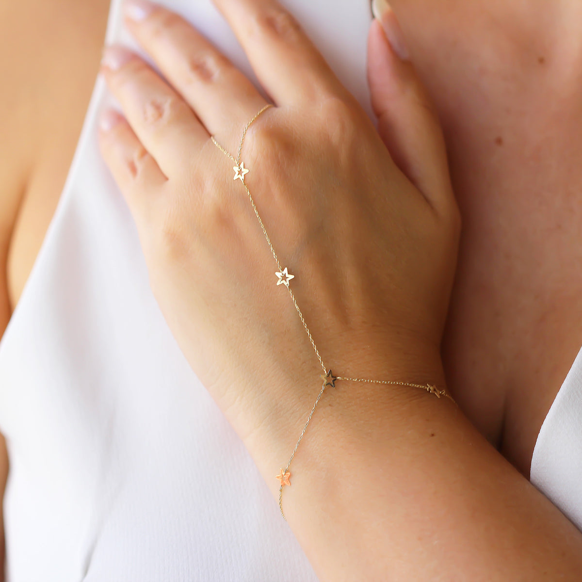 14k Solid Gold Star Hand Chain