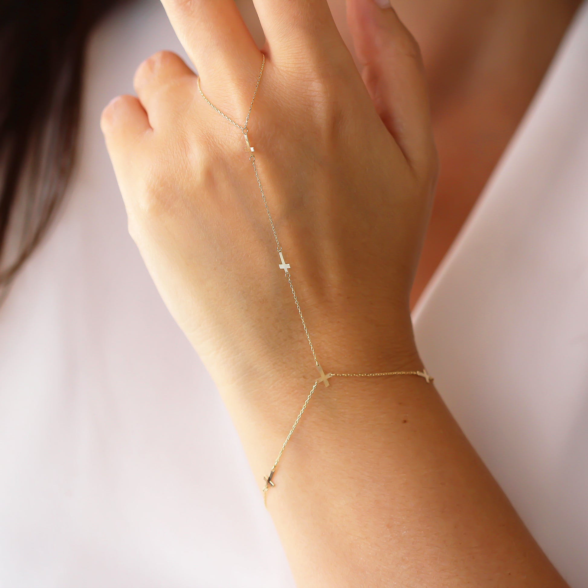 14k Solid Gold Cross Hand Chain - alternate view 2