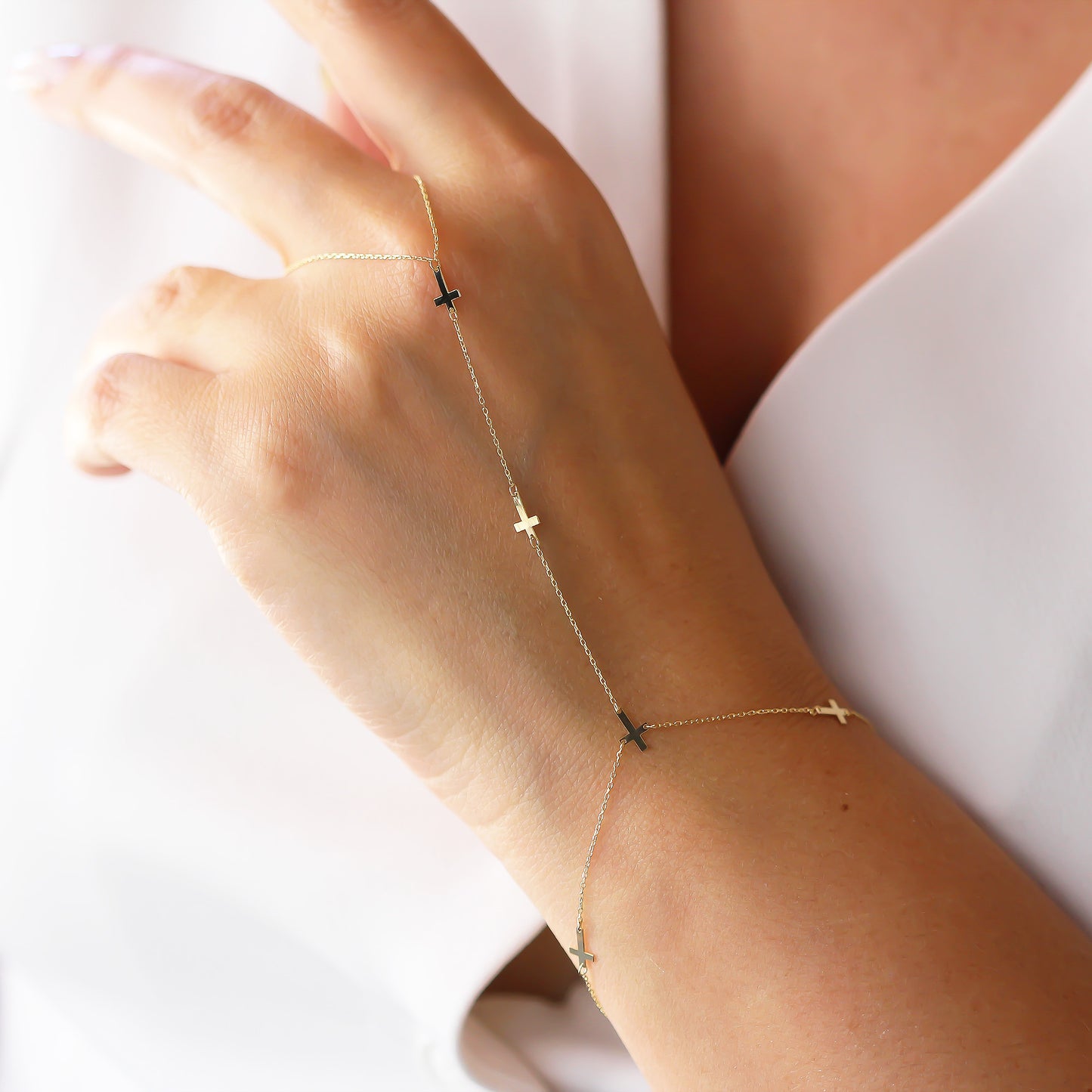 14k Solid Gold Cross Hand Chain - alternate view 3