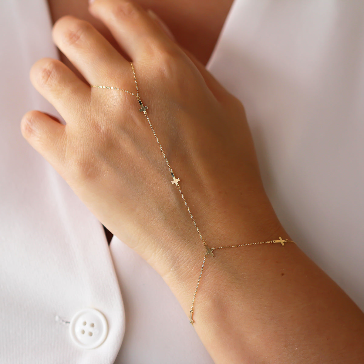 14k Solid Gold Cross Hand Chain - alternate view 4