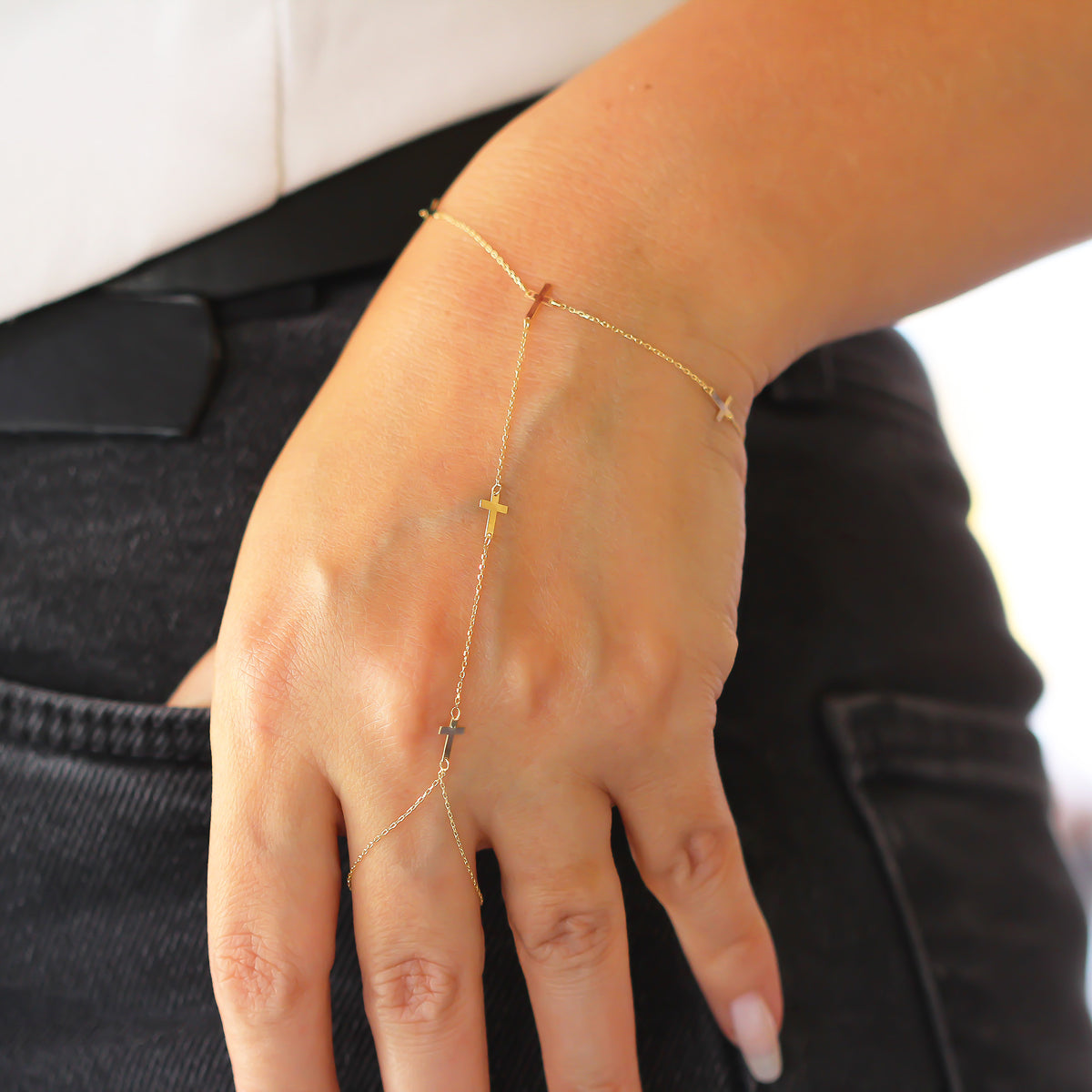 14k Solid Gold Cross Hand Chain