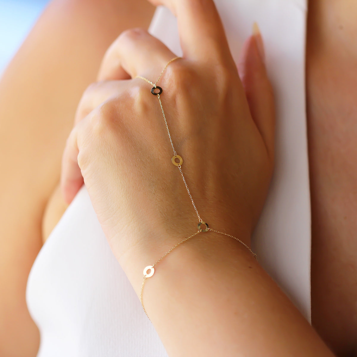 14k Solid Gold Hoop Hand Chain - alternate view 2