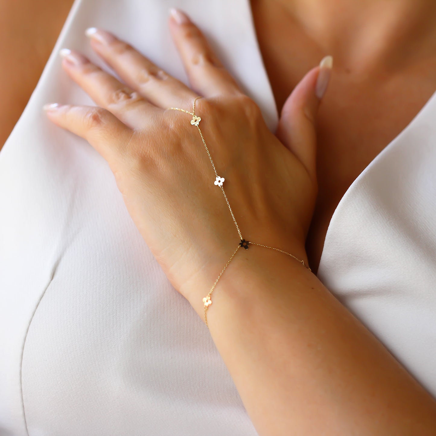 14k Solid Gold Flower Hand Chain - alternate view 2