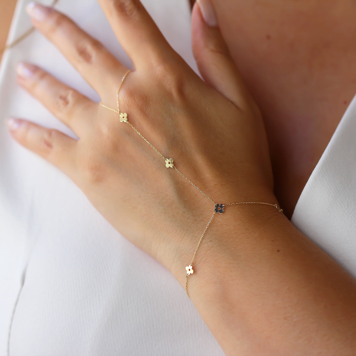 14k Solid Gold Flower Hand Chain - alternate view 3