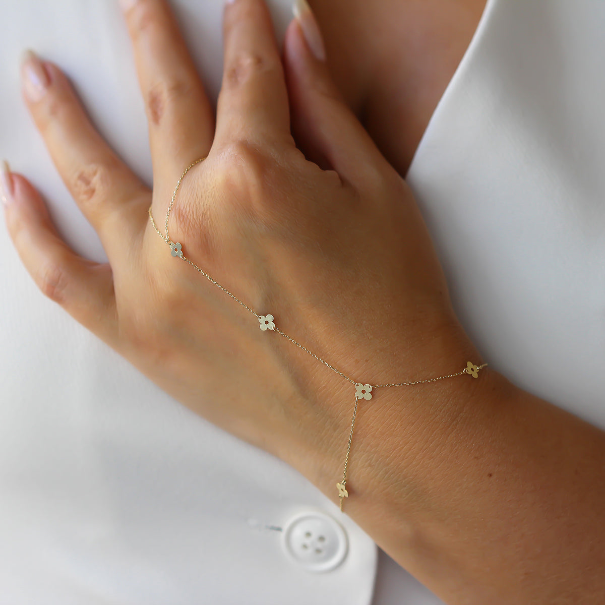 14k Solid Gold Flower Hand Chain