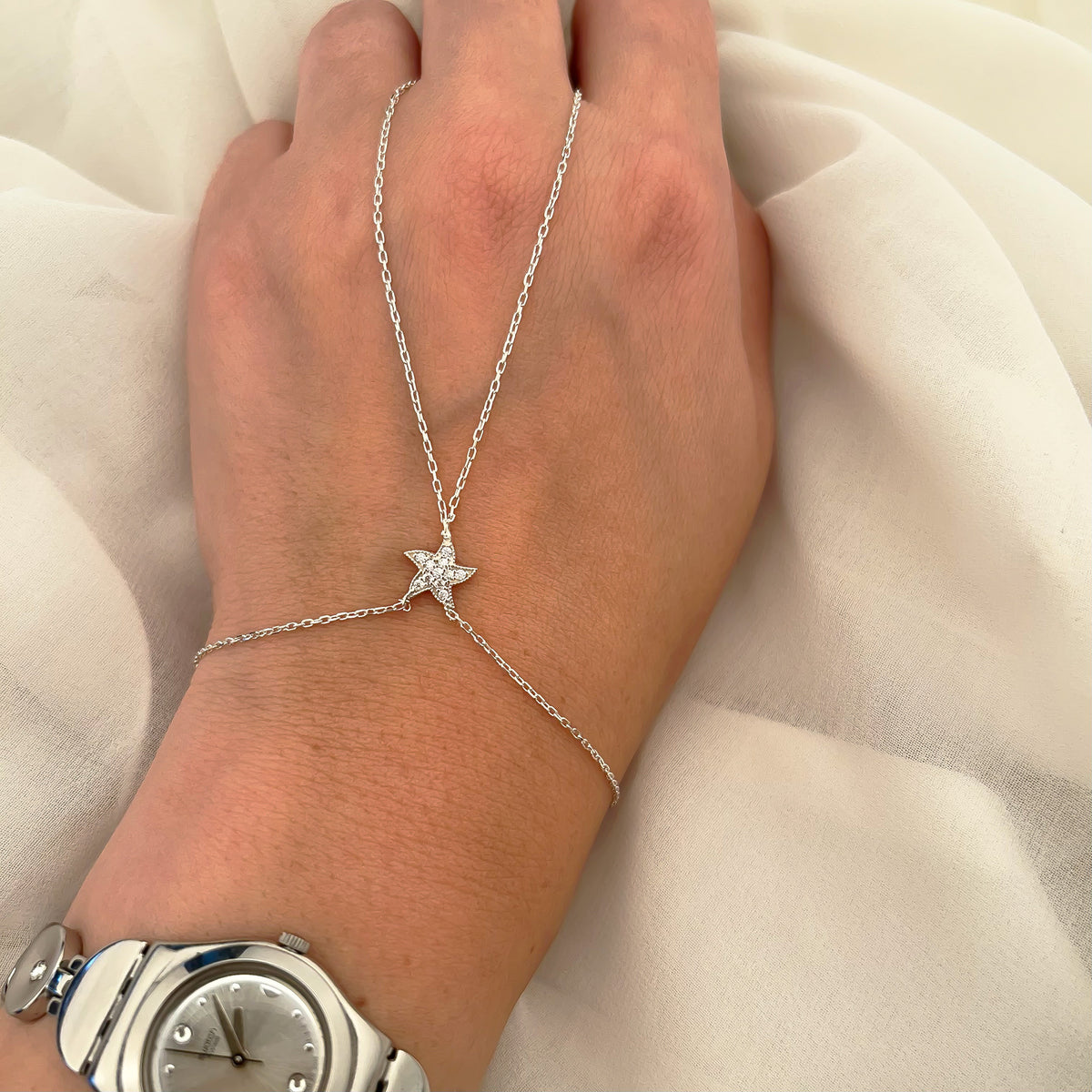 925 Sterling Silver Starfish Hand Chain Bracelet
