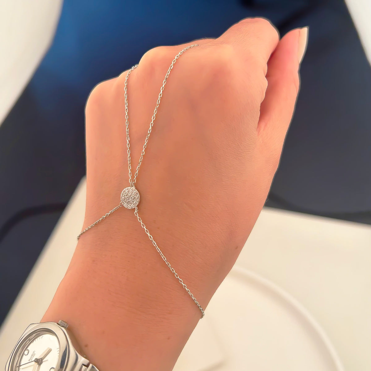 925 Sterling Silver Bar Hand Chain Bracelet
