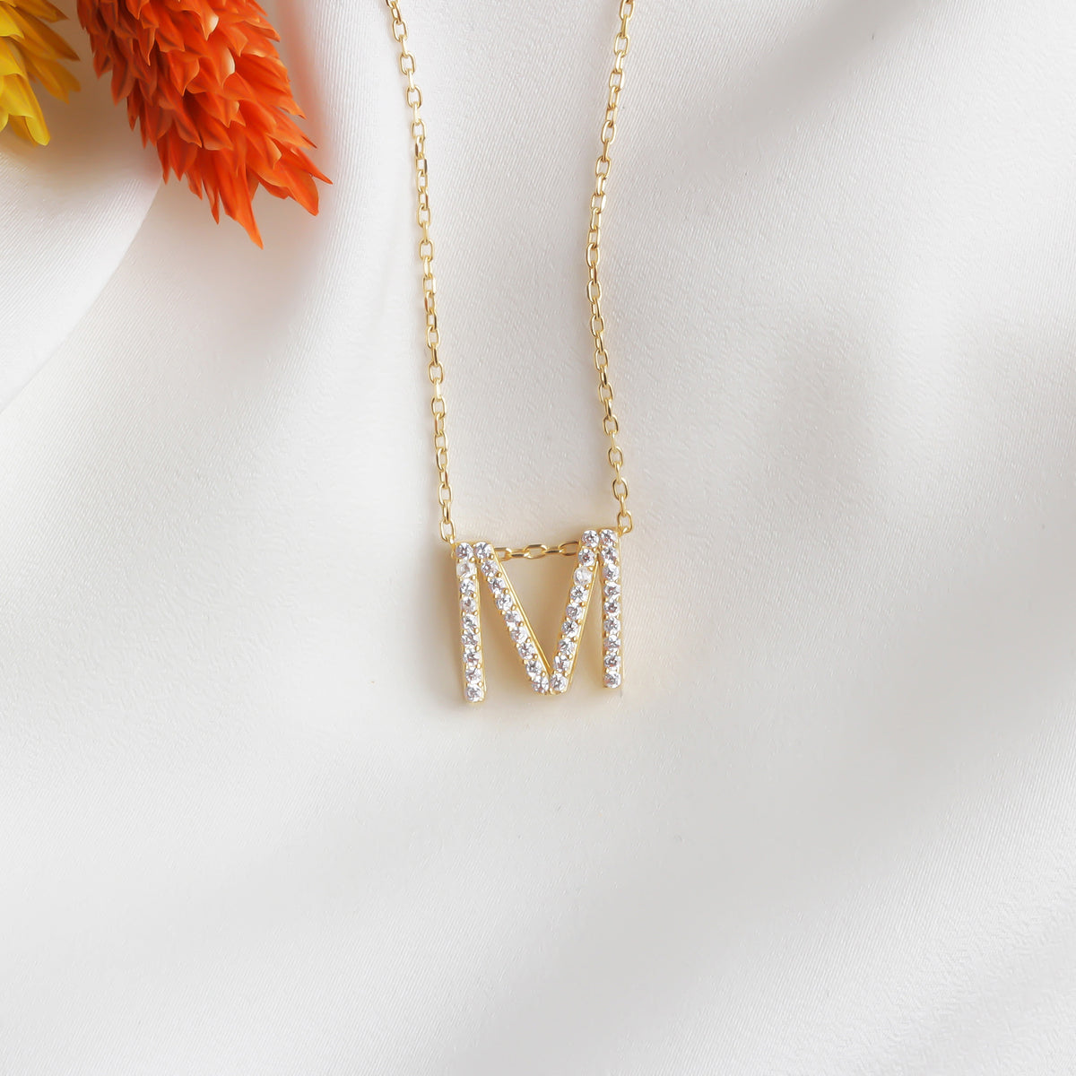 925k Sterling Silver Pave Letter M Necklace