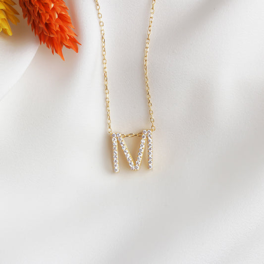 925k Sterling Silver Pave Letter M Necklace