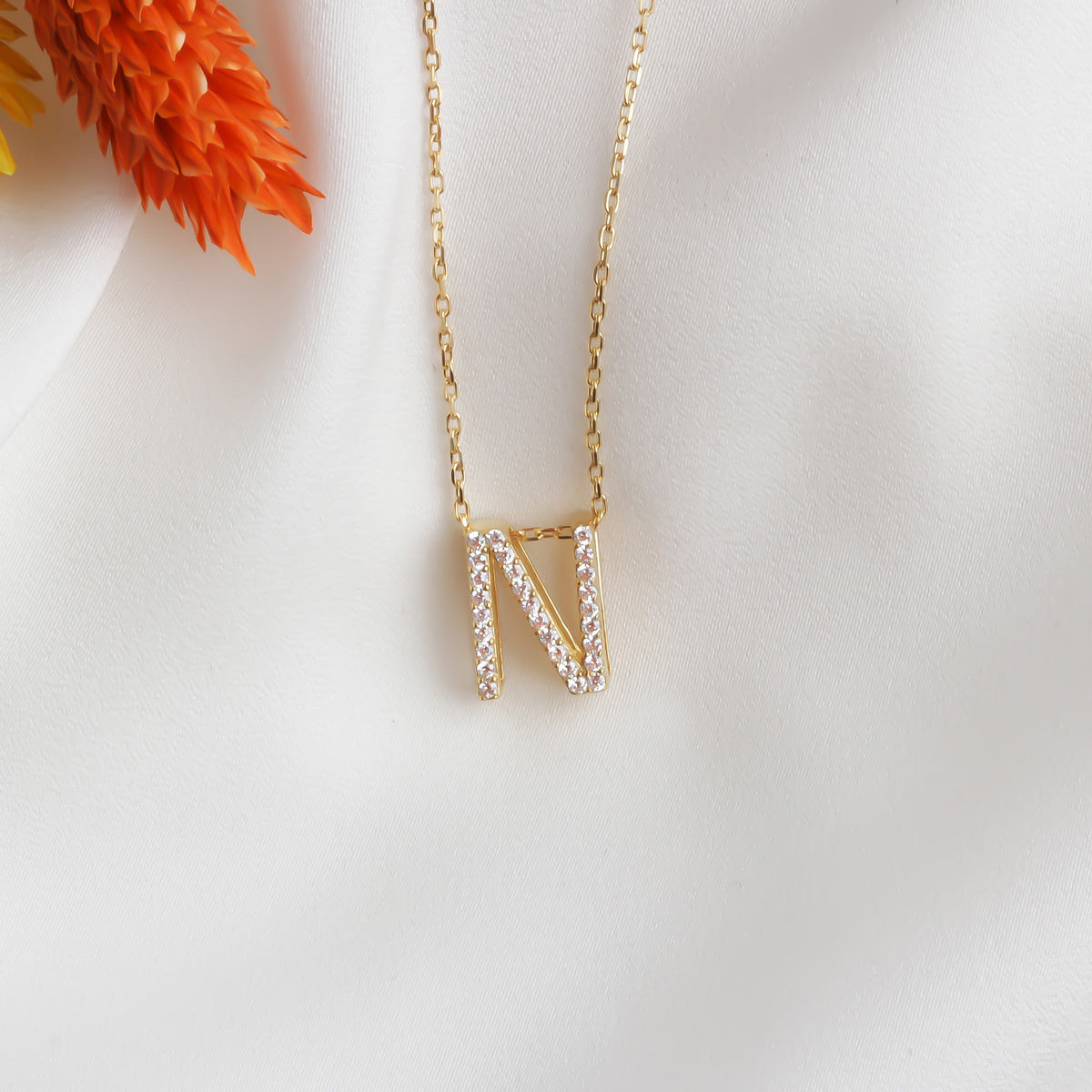 925k Sterling Silver Pave Letter N Necklace