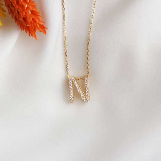 925k Sterling Silver Pave Letter N Necklace