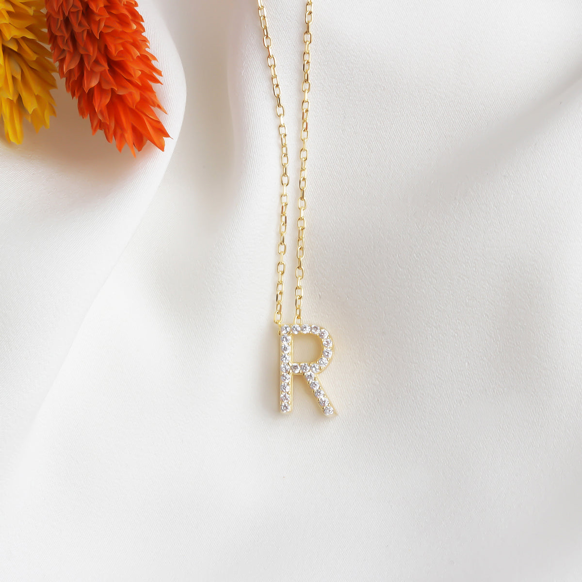925k Sterling Silver Pave Letter R Necklace