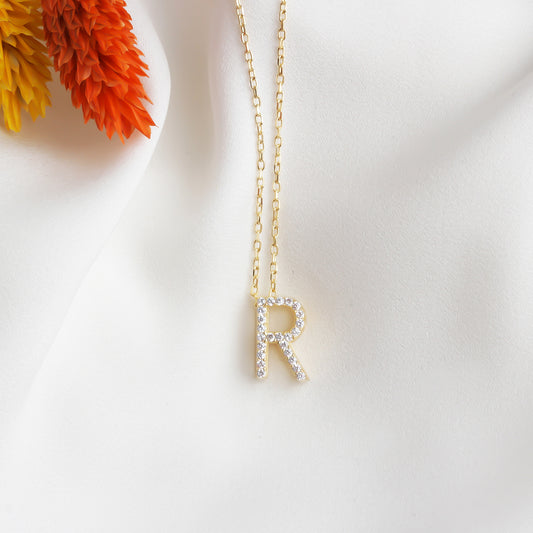 925k Sterling Silver Pave Letter R Necklace